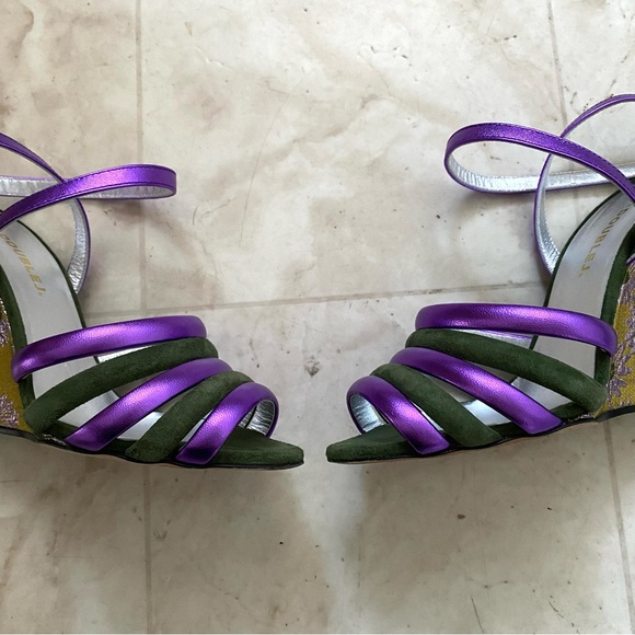 $940 LA DoubleJ Made in Italy Suede Leather Floral Ankle Strap Wedge Sandals 6 - Picture 5 of 13